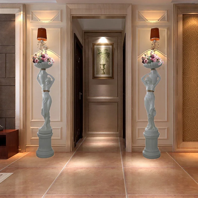 

European-Style Figure Sculpture Home Decoration Living Room Floor Stand Decoration Staircase Entrance Flower Arrangement Vase