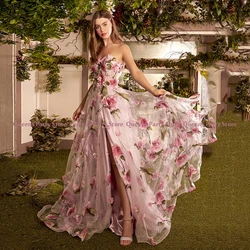 2023 Floral Evening Dress Sweetheart Sleeveless High Split Sweep Train Flowers Print Prom Dresses Party Gown Robe De Soiree