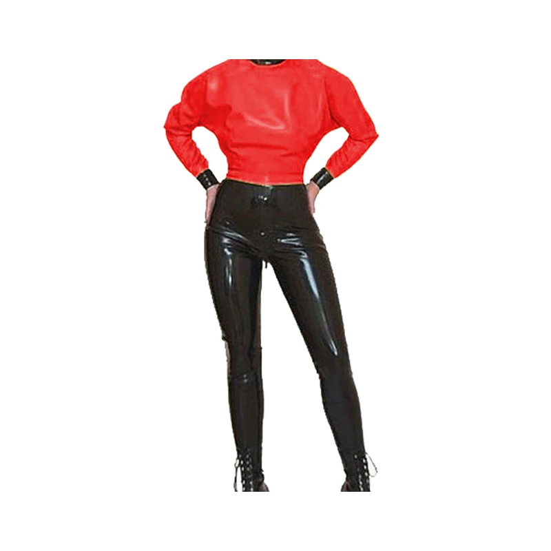 

Latex Rubber Women Sexy Red Jacket and Black Trousers Set lantern sleeve suits 0.4mm Size XXS-XXL