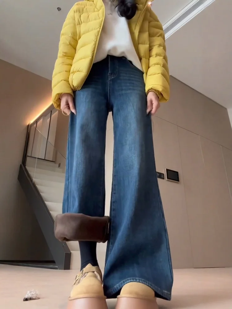 Plus Size Fce Gevoerde Bootcut Jeans Dames Herfst Winter Losse Hoge Taille Afslanken Thi Wijde Pijpen Broek Amerikaanse Sle Rela...