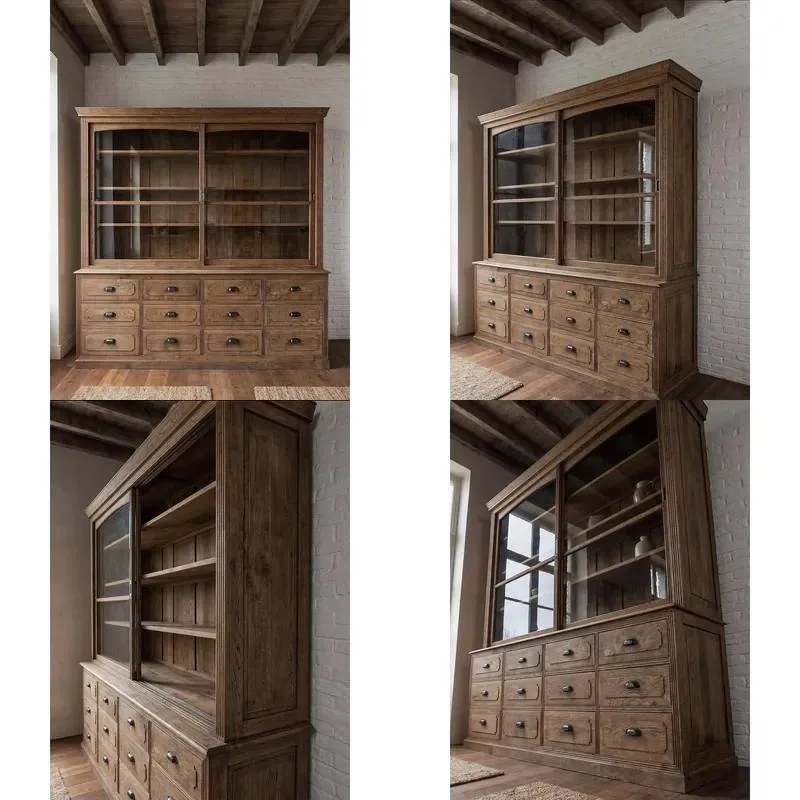 American Solid Wood Dining Side Cabinet Retro Wine Cabinet Bookcase with Lockers Customizable Options Factory Direct Sales