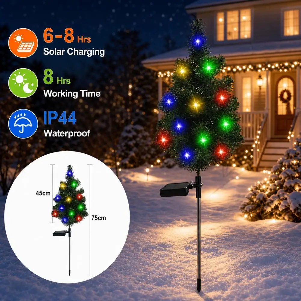 Solar Christmas Tree Lights Outdoor IP44 Waterproof Stake Lawn Lamp 75cm Multicolor LED Garden Pathway Yard Xmas Holiday Decor