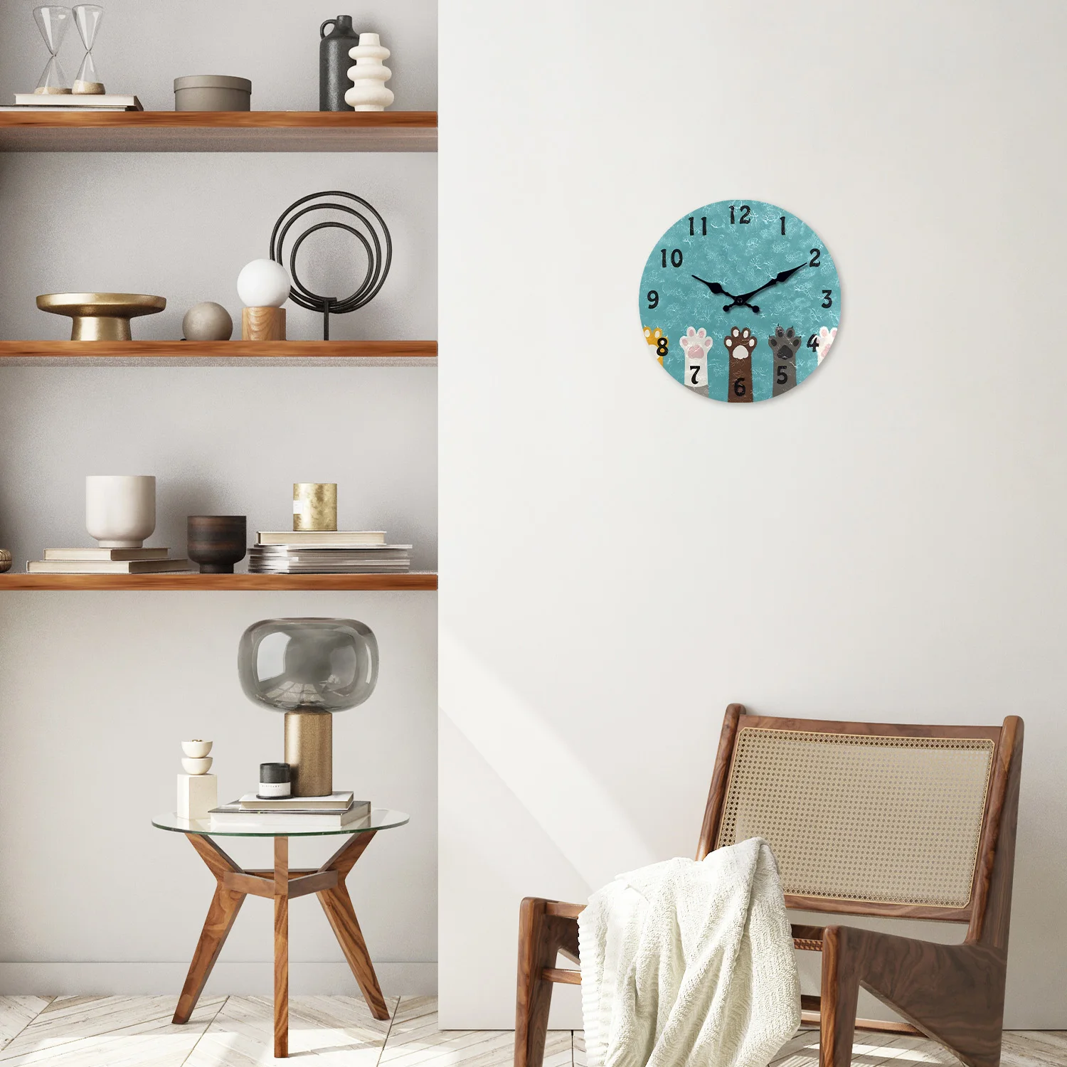 Cartoon Cute Cat Paw Print Oil Painting Pattern Wooden Wall Clock for Living Room, Bedroom, Kitchen, Home Decoration, Silent Quartz Clock, Holiday Gift, 10 Inches, 12 Inches, 14inch, 16inch (No Battery)