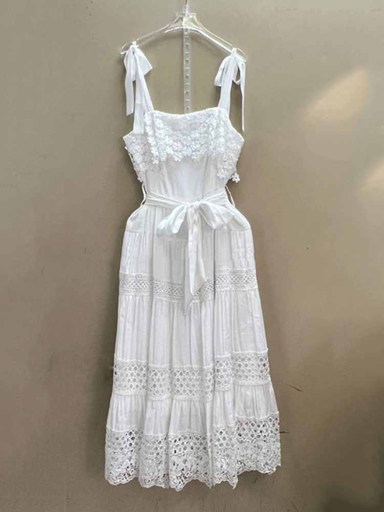 

Sexy slip strap bow strap strap high waist strap dress 2024 summer women's new fashion patchwork lace loose pouffant skirt