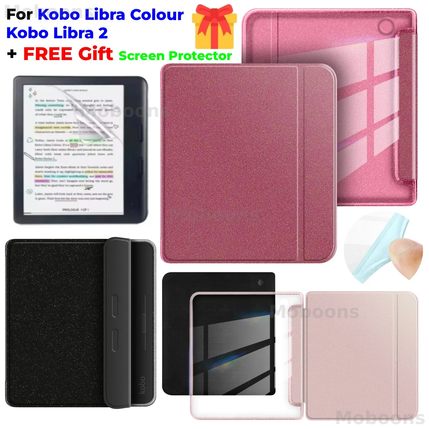 For Kobo Libra Colour/Libra 2 Glitter Case + Screen Protector Sleep/Wake PU Leather Magnetic Cover Transparent Acrylic 7'' Case