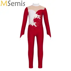 Acrobatics Gymnastics Jumpsuit for Kids Girls Long Sleeve Rhinestone Full Bodysuit Leotard Ballet Dance Sport Workout Dancewear