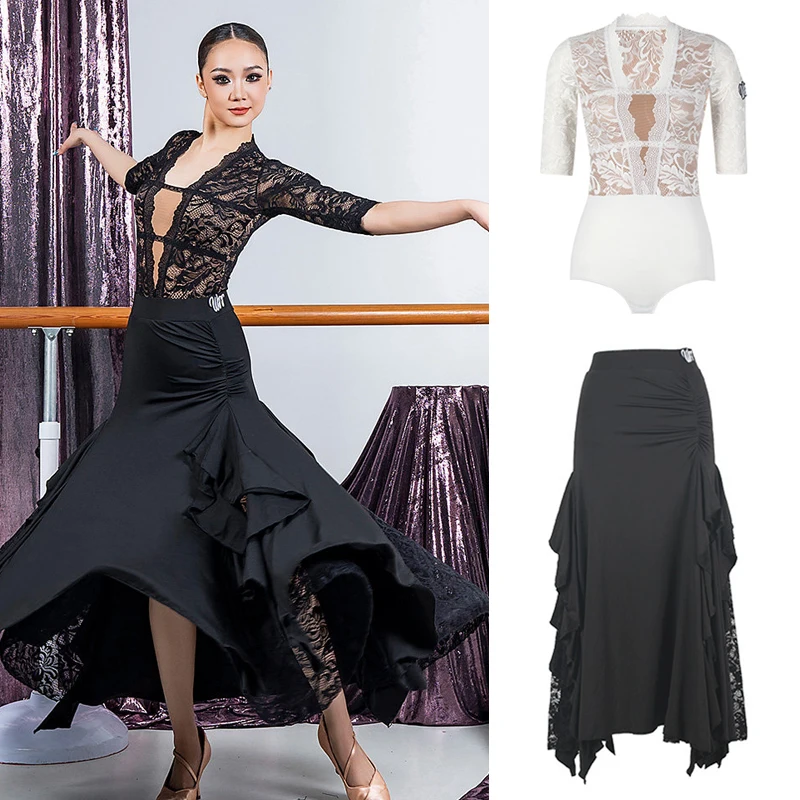 

Female Tango Modern Dancing Clothes Lace Sleeves Latin Top Ruffled Skirts Women Waltz Ballroom Dance Performance Costume SL15332