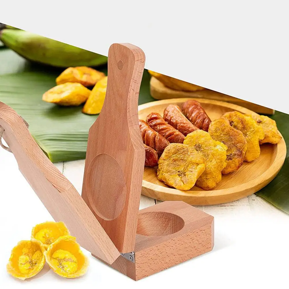 Banana Smasher Maker Wooden Tostonera Plantain Press with Handle Reusable for Kitchen Making Fried Cooking Fruit Banana Gad E4E2