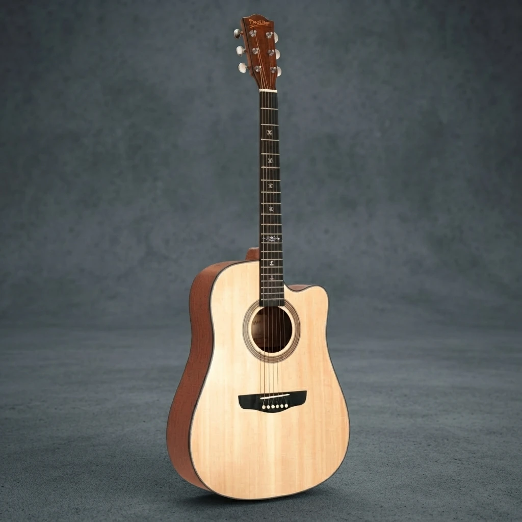 6 String Cutaway Guitar, Acoustic Folk Style, Natural Top Brown Back, Cross Inlay, Chrome Tuners, White Pins for Practice