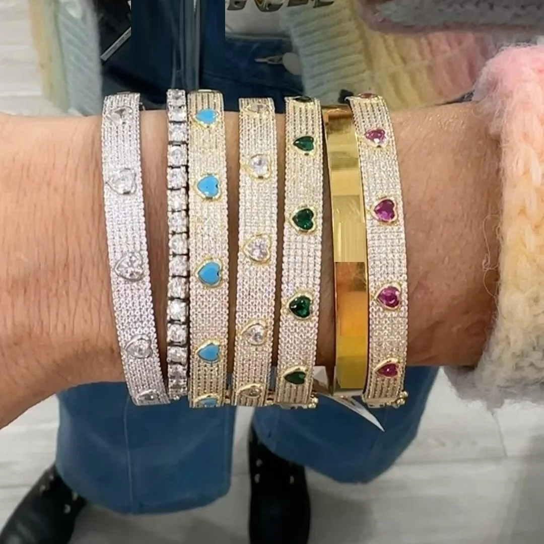 

Geometric 5A Heart Cubic Zirconia Bezel Set Classic Trendy Turquoises Bangle Sparking Bling Fashion Women Jewelry