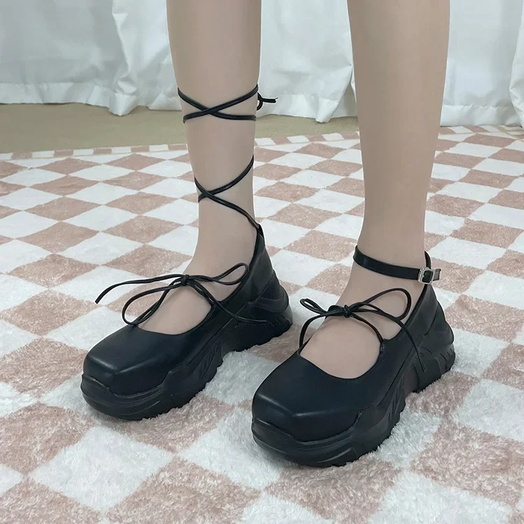 2025 Spring New Style Women's Ballet Thick-Soled Bow-Knot Heightening Shoes Black/gold/silver Mary Jane Small Leather Shoes