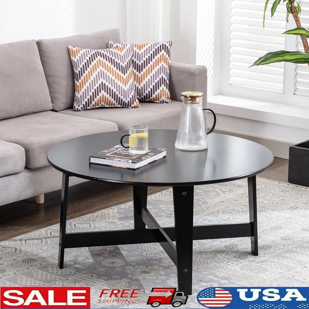 

Круглый деревянный журнальный столик, элегантный дизайн, легко чистится, для использования в помещении, прочная сборка, 35,98 дюйма, круглая форма, глянцевая отделка, современный стиль