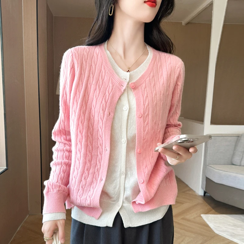 Cardigan con o-collo moda coreana da donna autunno/inverno nuovo 100% lana cashmere lavorato a maglia falso due articoli giacca maglione top larghi e caldi
