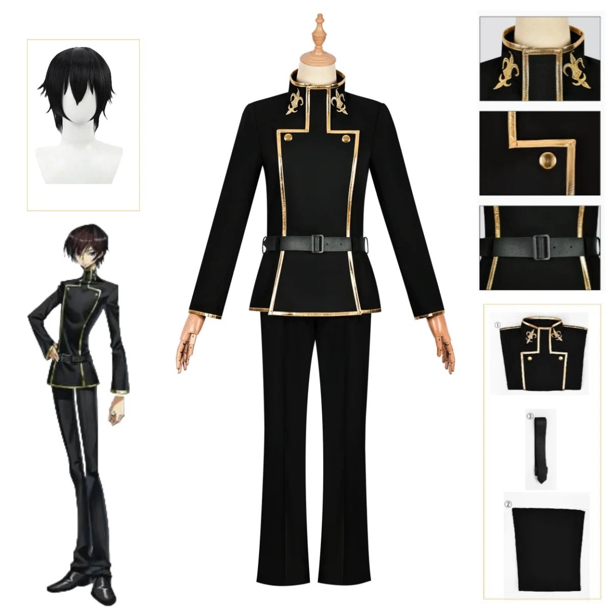 Halloween CODE GEASS Lelouch of the Rebellion Anime Lelouch Lamperouge Cosplay Costume Black Wig Jacket Pants Belt Christmas Cos