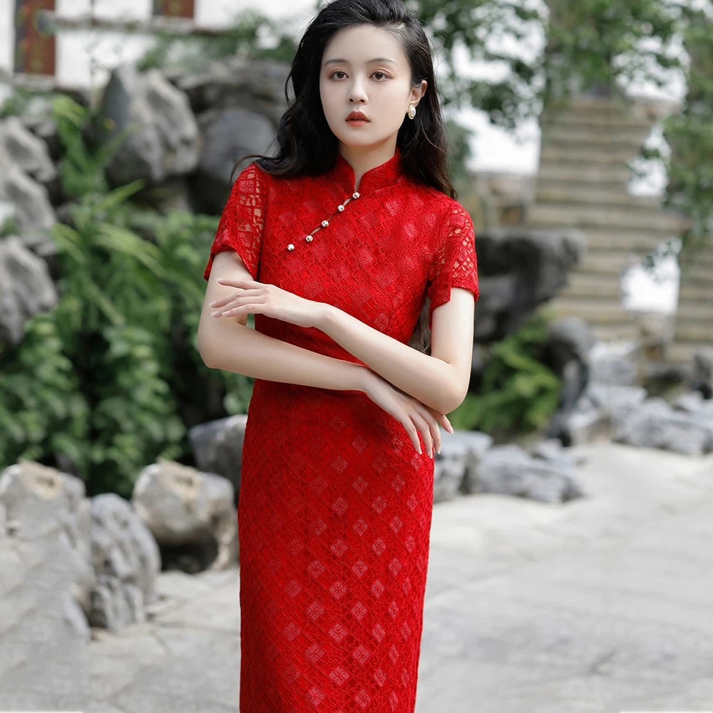 

Sexy Red Lace Female Qipao Vintage Classic Traditional Chinese Dress Cheongsam Plus Size Summer Elegant Vestidos Party Dress