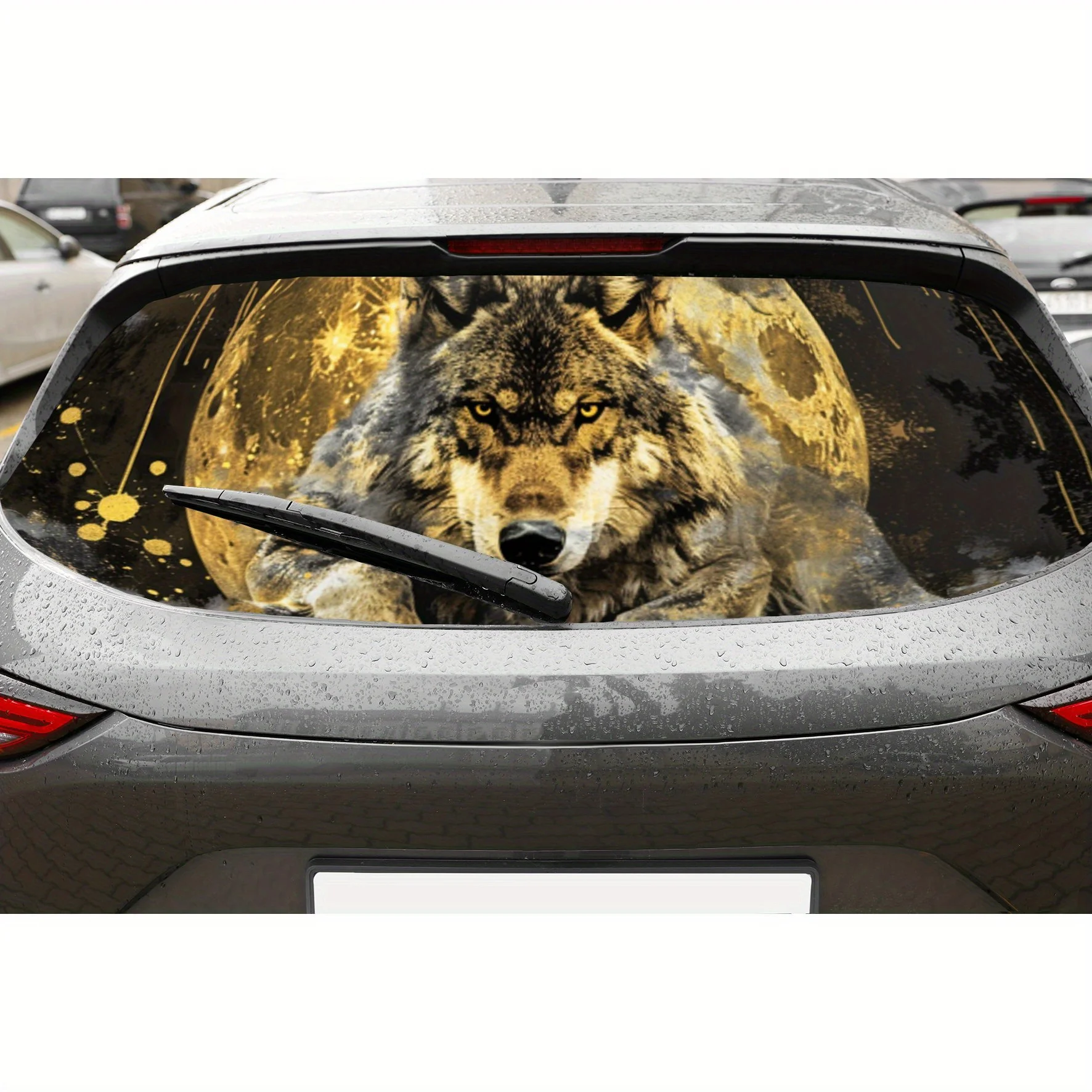 

Golden Moon Wolf Shadow ПВХ перфорированные автомобильные виниловые обертки, улучшающий конфиденциальность дизайн для заднего окна, наклейка на заднее лобовое стекло автомобиля для
