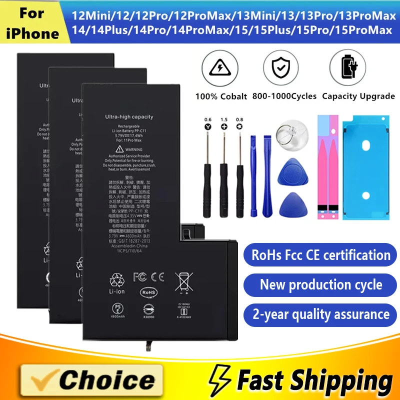 High Capacity 0 Cycles Original Battery For iPhone 12 13 14 15 Pro Max 12 13 Mini 14 15 Plus Phone Replacement Battery+Tools