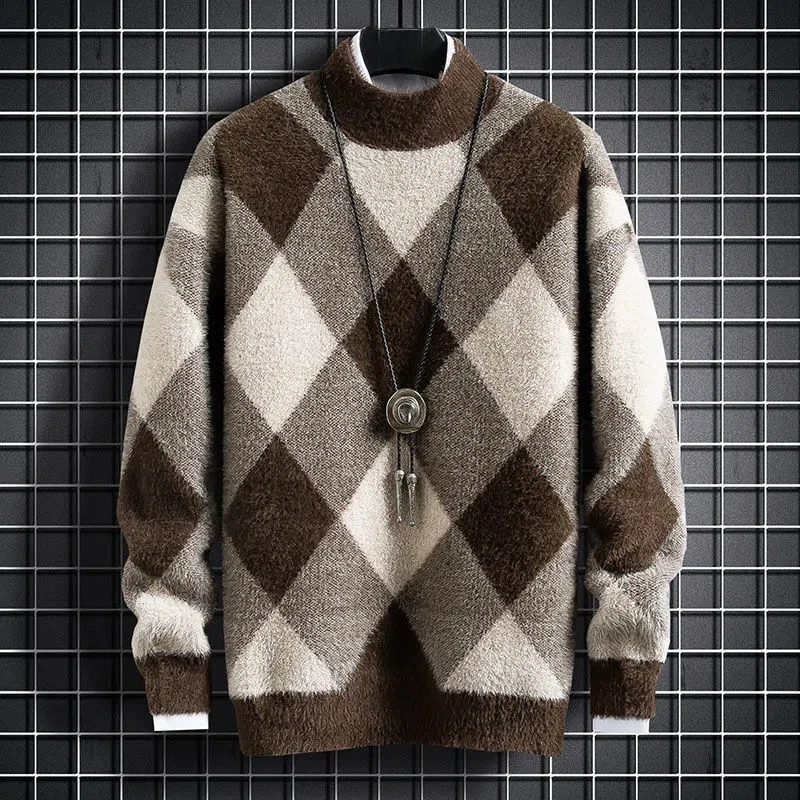 Men's Clothing Autumn Winter Long Sleeve O-Neck Pullover Plaid Checkered Contrast Color Sweater Knitted Casual Fashion Tops