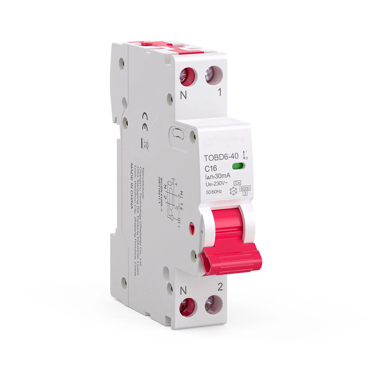 RCBO Residual Current Circuit Breaker 230V 1P N with C Curve Electrical Safety Switch for Residential and Industrial