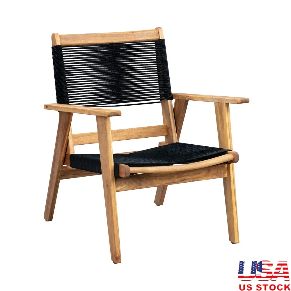 

Midcentury Modern Armchair Solid Acacia Wood Heavy Duty Cordage Seat Indoor Outdoor Easy Assembly Low Maintenance