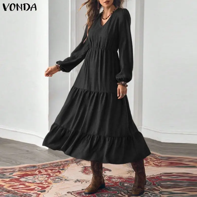 Vestido Largo de Moda para Mujer VONDA Talla Grande 5XL con Manga Abullonada, Cuello en V, Color Sólido, Midi, Otoño 2026, Elegante, Estilo Urbano, con Volantes