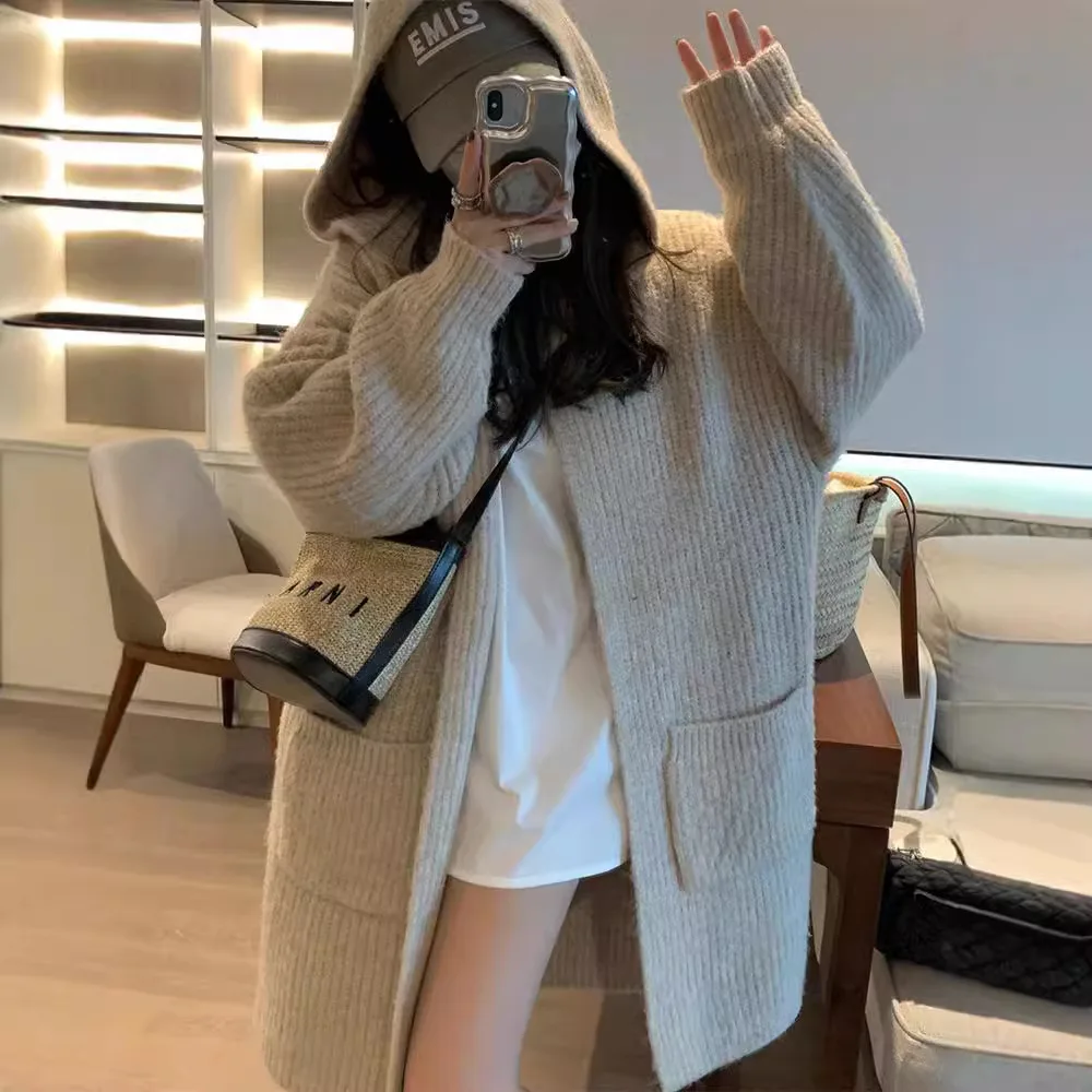 Women Hooded Sweater Cardigan Midi Length Coats Knitted Casual Jumper Full Sleeves Loose Y2k Elegant Office Lady 2025 Autumn