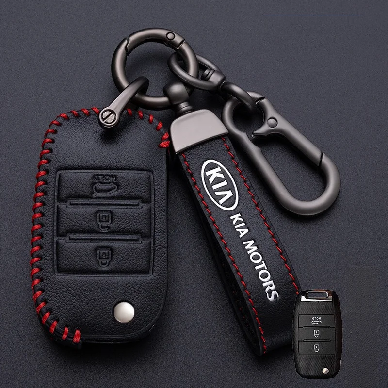 Capa de couro com 3 botões para chave de carro, para kia rio 3 k2 k3 k4 k5 sportage picanto optima soul ceed sorento forte stinger cerato
