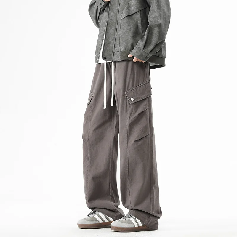 Celana Panjang Pria Model Terbaru Musim Semi Gugur 2025, Warna Solid Kasual Trendi Katun Lurus Lebar Multi Saku Longgar