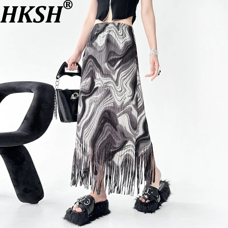 

Женская юбка HKSH с принтом, плиссированная, с бахромой по низу, на эластичной талии, стройнящая, универсальная, элегантная, высококачественная, повседневная, новая летняя модель HK21551