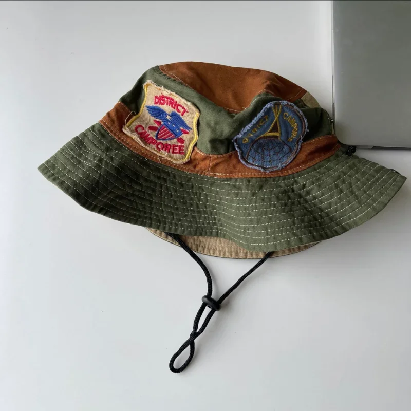 Parent-child Japanese Vintage Old Badge Green Fisherman Hat Kids Letter Camping Drawstring Shade Sunscreen Cowboy Hat