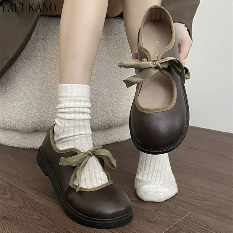 French Shallow Mouth Brown Round Head Flat Bottom Single Shoes Women Vintage Mary Jane Shoes Lace-up Casual Student Shoes