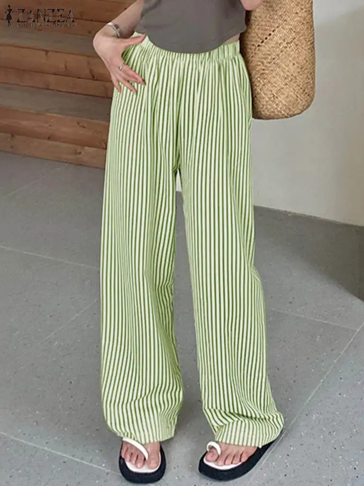 ZANZEA 2024 Korean Stripes Straight Pants Women Fashion High Waist Wide Leg Trousers Summer Casual Elastic Waist Loose Pantalon