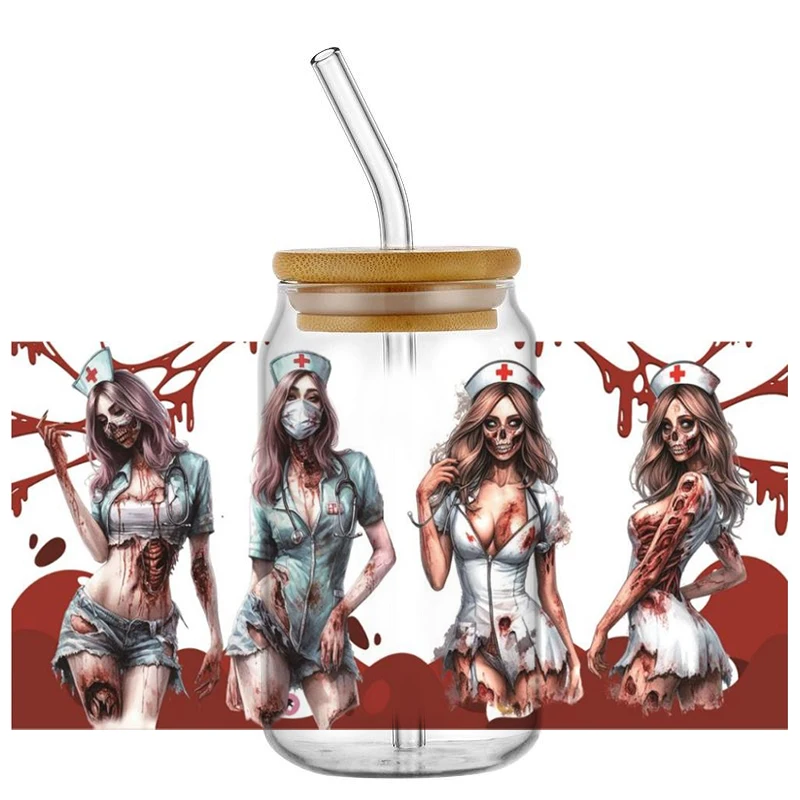 Scary Movie Nurse Pattern 3D Wrap Transfer Sticker For 16oz Libby Glass Design Cup Wraps Decal Waterproof Mug UV DTF Stickers