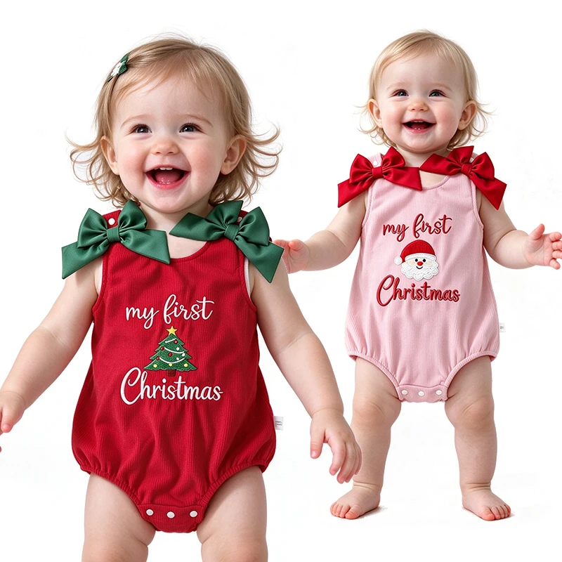 Baby Girl My First Christmas Sleeveless Romper Embroidered Christmas Tree Santa Claus Pattern Ribbed Knit Infant Newborn Clothes