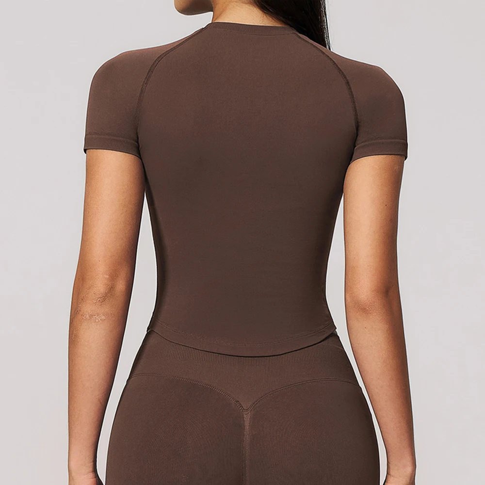Seamless Ribbed Crew Neck Short Sleeve Curved Hem Crop Yoga Tee Pilates Gym Tops Running Training Workout Fitness Athletic Shirt