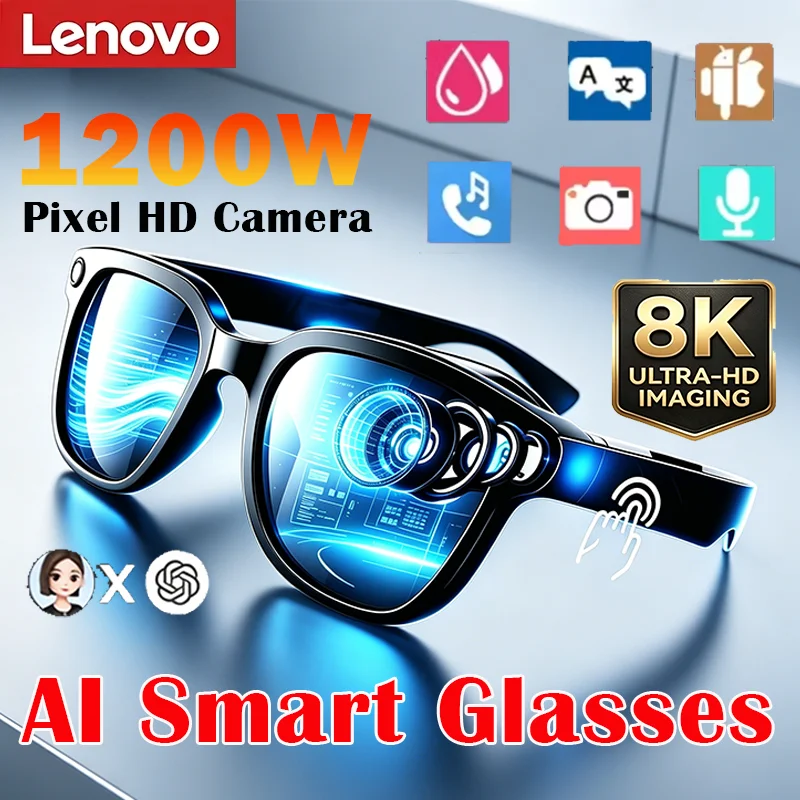 Lunettes intelligentes Lenovo 2026, nouvelle version Bluetooth 5.4, télécommande tactile, assistant vocal, enregistrement photo, traducteur, lunettes de soleil sans fil