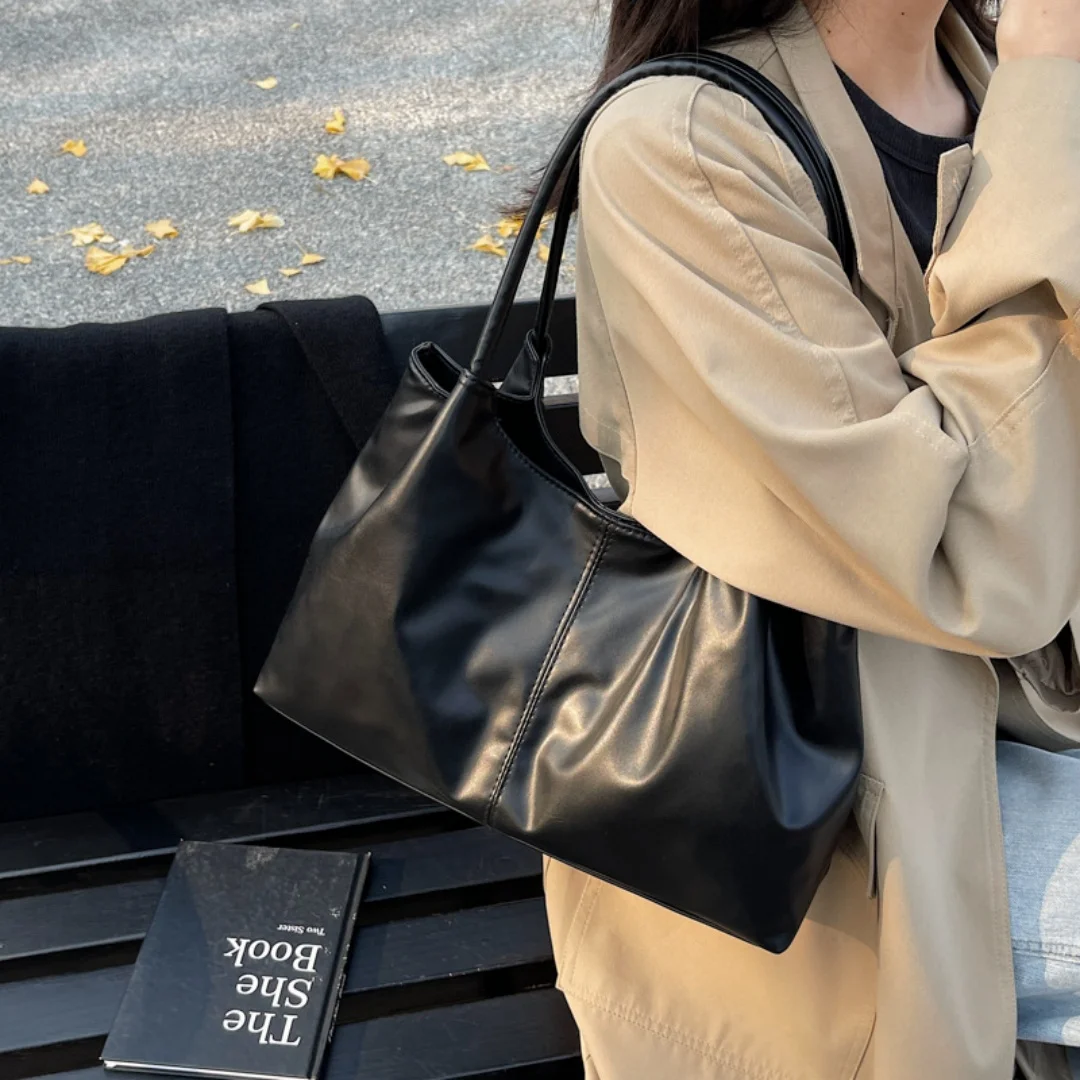 Fashion Women's Bag Large Capacity Tote Daily Commute Women's Shoulder Bag Black Soft PU Leather Handbag Shopping
