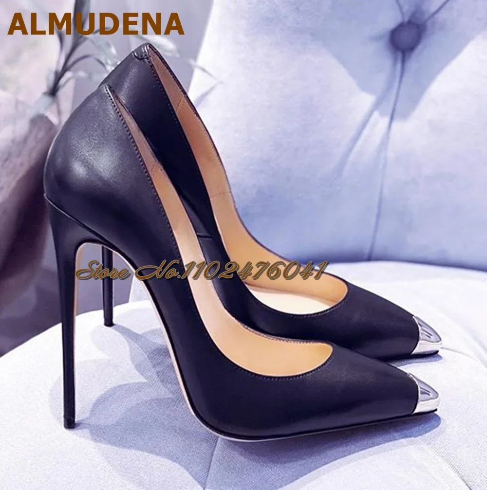 ALMUDENA Nude Black Matte Leather Patchwork High Heel Shoes 12Cm 10Cm 8Cm Stilettos Silver Steel Tip Toe Banquet Dress Pumps
