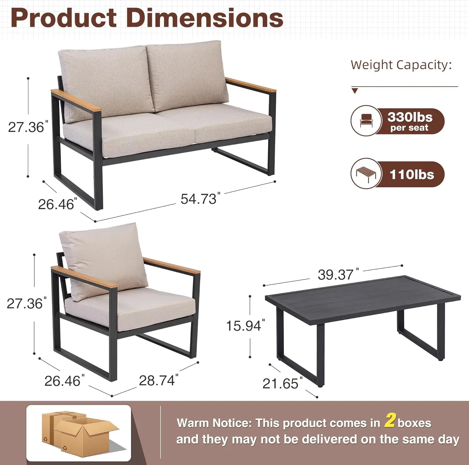 Furniture Set, 4 Pieces Outdoor Patio Furniture with Coffee Table Set, Metal Patio Conversation Sets with Washable and Hig