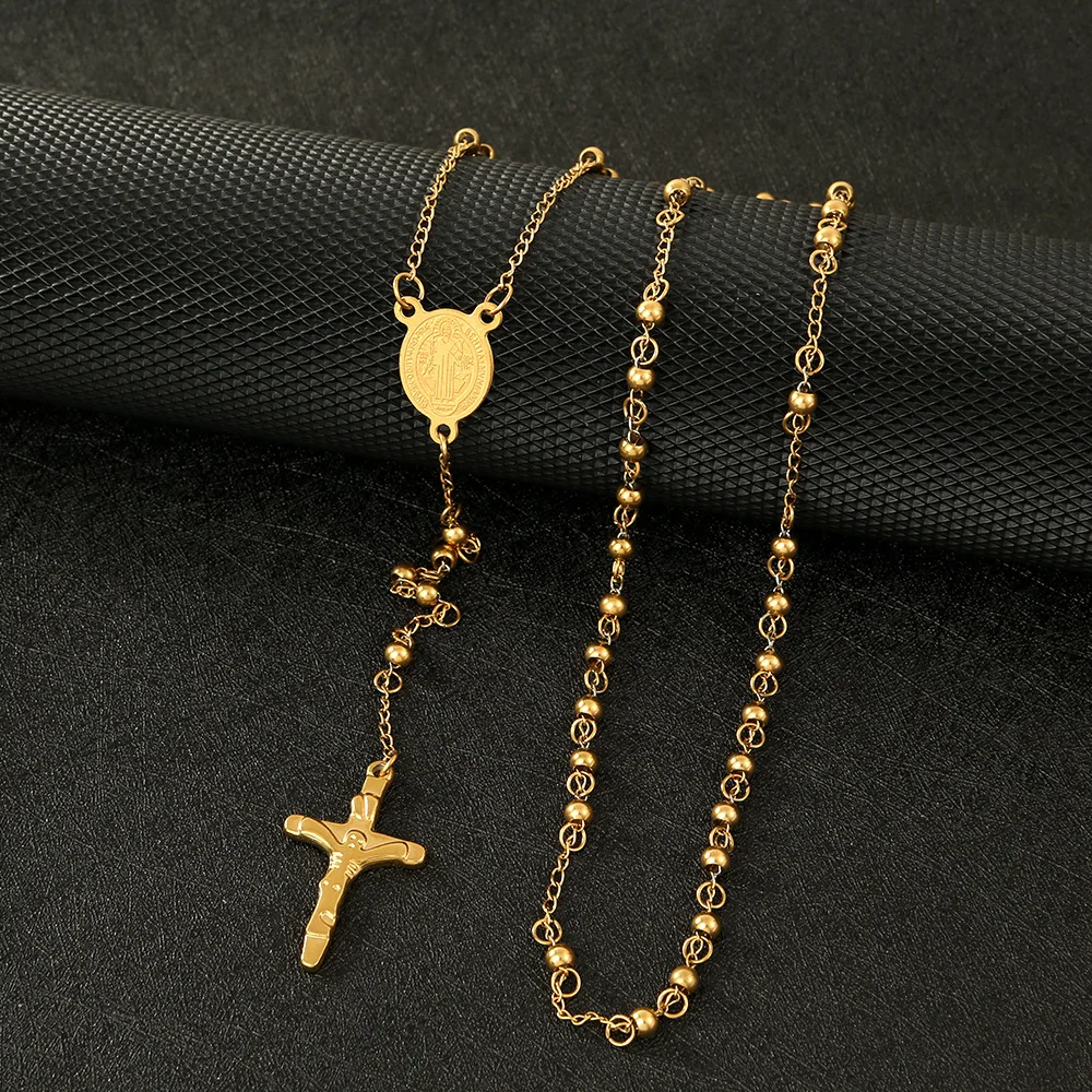 Steel Handmade Link Chain Necklace Religious Cross Virgin Mary Charms Necklace For Women Men Gift 53cm Long 1Piece