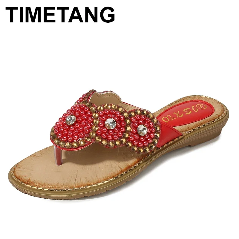 

2025 Girl Flip Flop Slippers Round Toe Rhinestone Low Heel Sewing Slippers Woman Outdoor Casual Holiday Shoes Woman