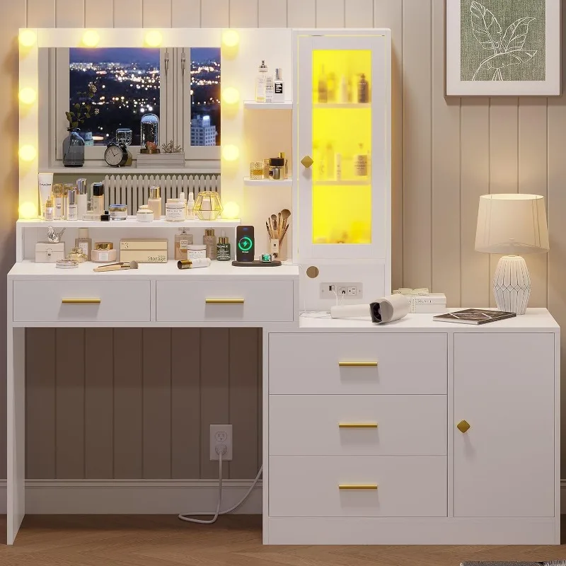 

Vanity Desk with Mirror and Lights, Makeup Vanity with Lights & Charging Station, White Vanity with Ambient Light