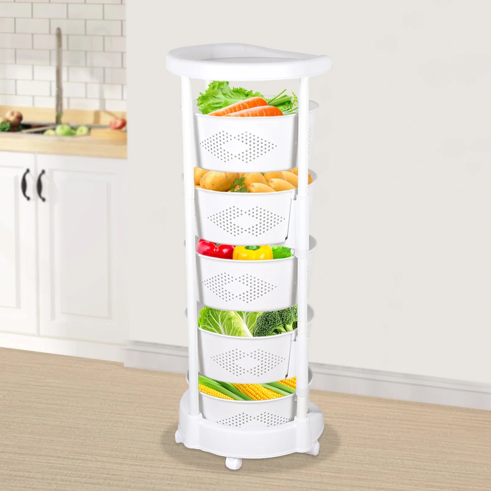 5-Tier Floor Standing Rotating Storage Shelf Kitchen Storage Basket  36.5*92cm Simple Installation Adjustable Height