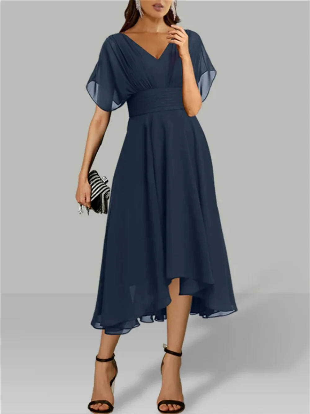 

A-Line Mother Of The Bride Dresses Wedding Guest Dress Holiday Fall Tea Short Sleeve Elegant Evening Gowns V Neck Chiffon Ruched