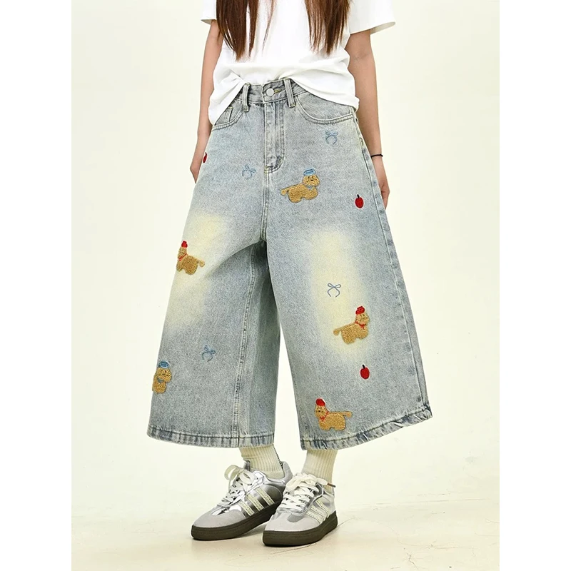 

Trendy Women Cowboy Embroidered Shorts Cute Dog Print Loose Fit Cent Pants Summer Casual Streetwear Denim Hot Pants
