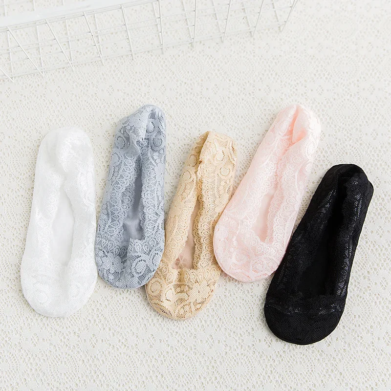 5pairs Women Cotton Sole Invisible Anti-slip Slippers Ankle Socks Lace Socks Women Summer Girls No Show Socks Non-slip