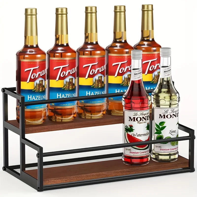 2/3‑Tier Metal and Wood Coffee Liquor Organizer, Space‑Saving Kitchen Bar Storage Shelf, Coffee Station Red Wine Display Rack
