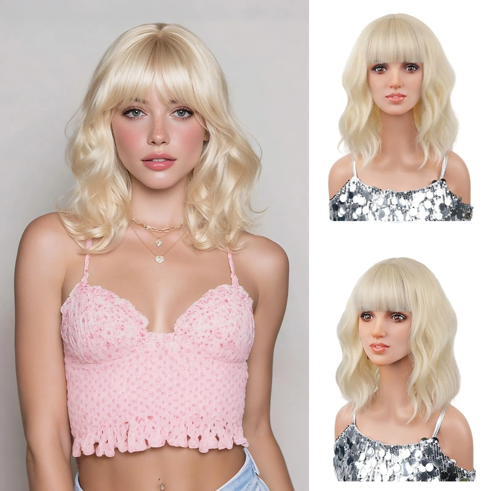 Golden fashion short wavy curl synthetic wig - Halloween cosplay role-playing wig - Daily high-temperature synthetic hair cap