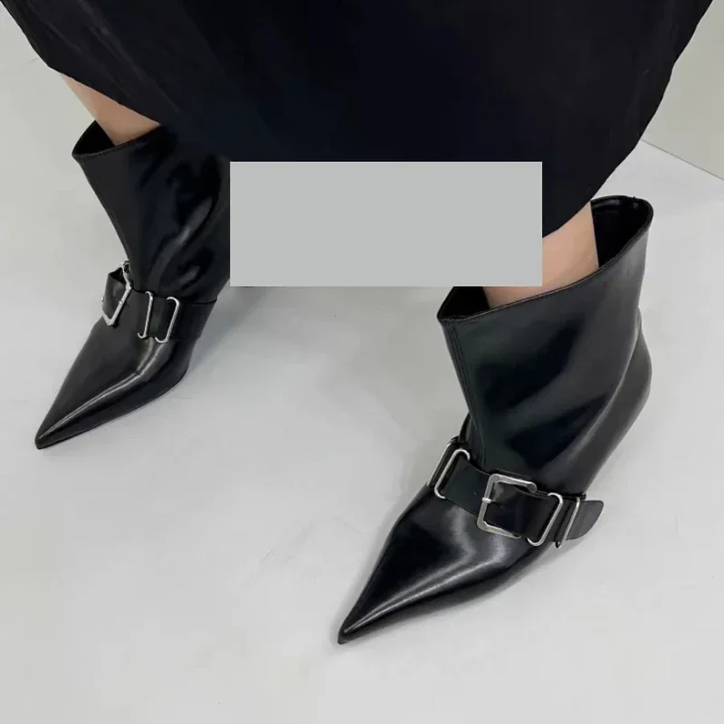 Pointed Toe Metal Buckle Strap Short Boots For Female Women Thin High Heel 2024 New Leather Fabric Elegant Sexy Winter Shoes