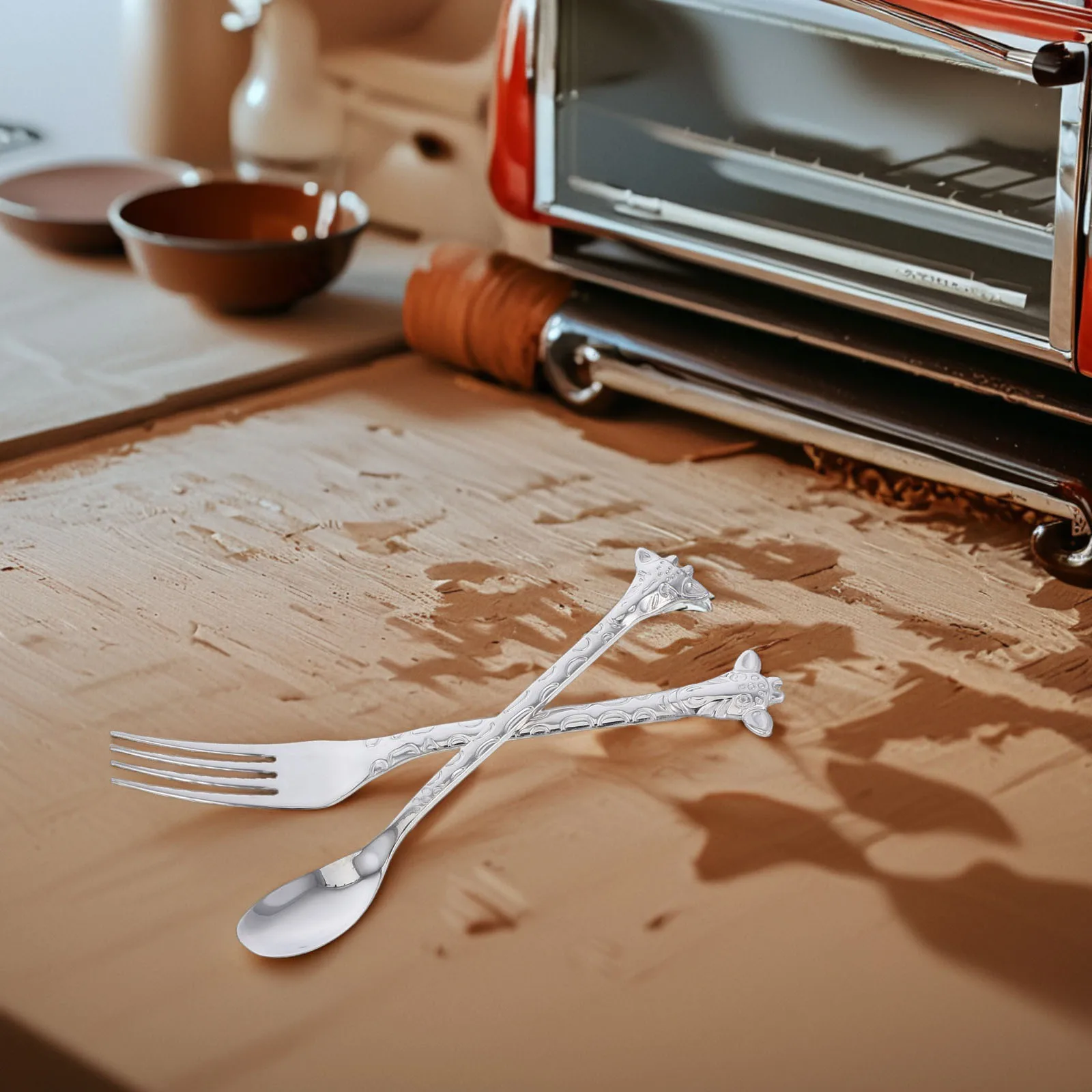 

2pcs Stainless Steel Spoon Fork Set Silver Polished Cartoon Handle Dessert Teaspoons For Coffee Cappuccino Cake Salad Kitchen